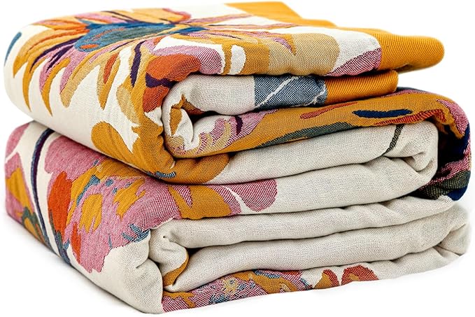 LUTBM Boho Throw Blanket for Bed 60"x80", 100% Cotton Couch Summer Blankets | Reversible Floral Butterfly Jacquard, All-Season Quilt, For Chair Sofa Living Room, Lightweight Breathable Gauze, Boho Decor