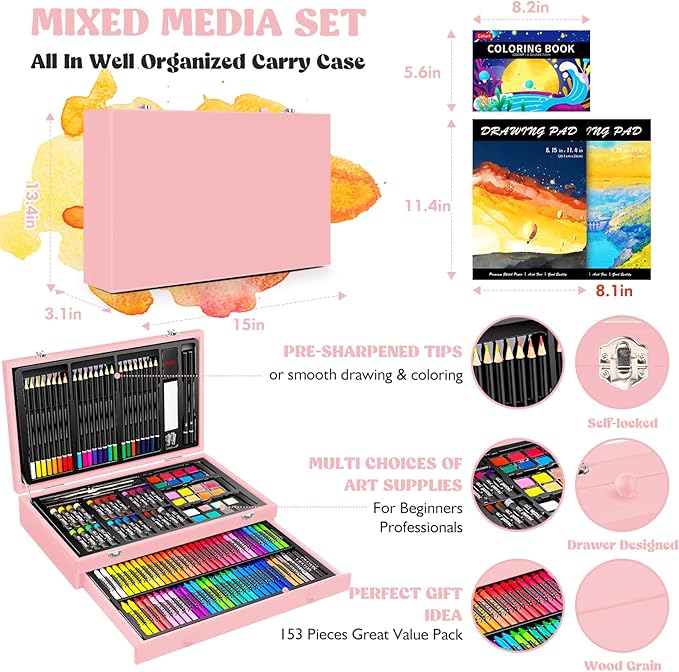 Caliart Art Supplies, 153-Pack Deluxe Wooden Art Set Crafts Drawing Painting Coloring Supplies Kit with 2 A4 Sketch Pads, Halloween Creative Gift Box for Adults Artist Beginners