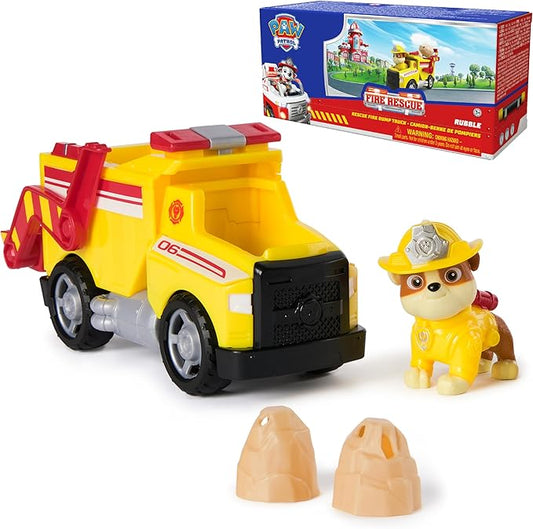 Paw Patrol Fire Rescue: Rubble Rescue Fire Dump Truck with Action Figure, Projectiles, and Toy Truck, Kids Toys for Boys & Girls Ages 3 and Up