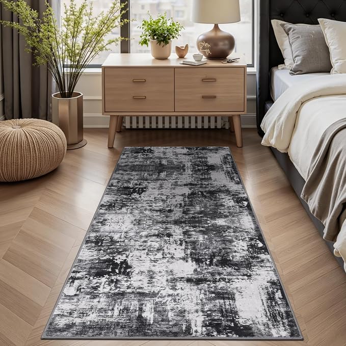 Rugflix 2x6 Runner Rug for Entryway, Washable Black Grey Runners | Machine Washable; Stain-Resistant; Low Pile; Non-Slip; Modern Abstract; Carpet for Entryway Kitchen Hallway Home