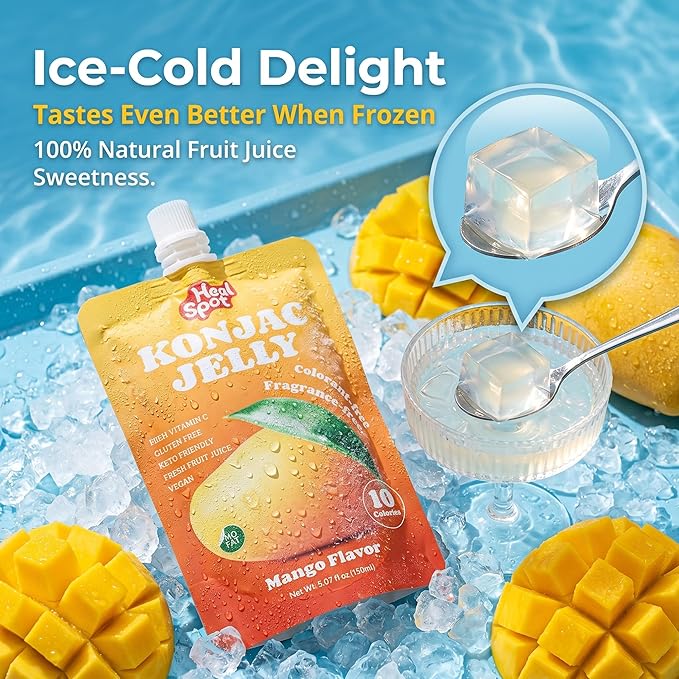 Healspot Real Fruit Juice Snacks Konjac Jelly with Collagen Peptides and Vitamin C, No Artificial Sweetener, Low Calories|Gluten Free|Keto Friendly, Healthy Korean Snacks 10 Pouches Mango Flavor