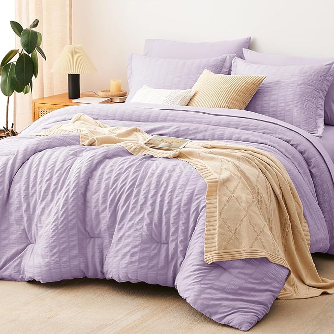 CozyLux Queen Comforter Set Light Purple Seersucker 7 Pieces Bed in a Bag Queen Comforter Set with Sheets, Lavender Luxury Bedding Sets with Down Alternative Comforter, Sheets, Pillowcases & Shams