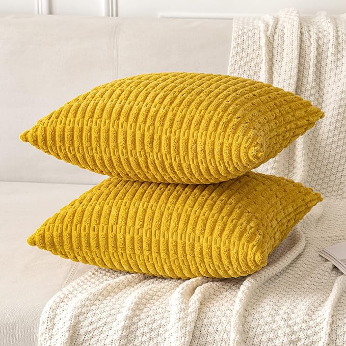 MIULEE Decorative Throw Pillow Covers 18x18 Mustard Yellow Pack of 2 | Soft Corduroy Boho Striped Pillow Covers Modern Farmhouse Home Decor For Sofa Living Room Couch Bed