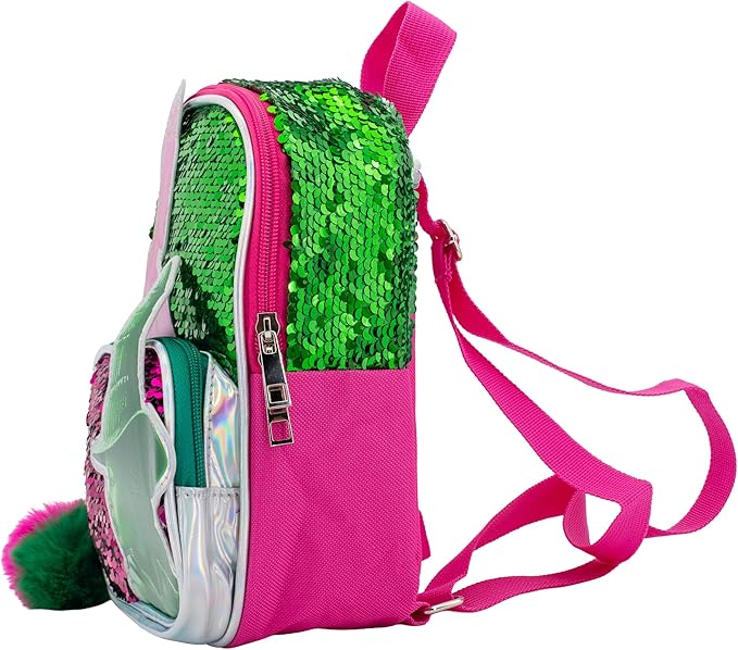 AI ACCESSORY INNOVATIONS Wicked 9” Micro Mini Backpack Purse Featuring Glinda & Elphaba 3D Character Patches, Shiney Sequins, & Pompom Dangle