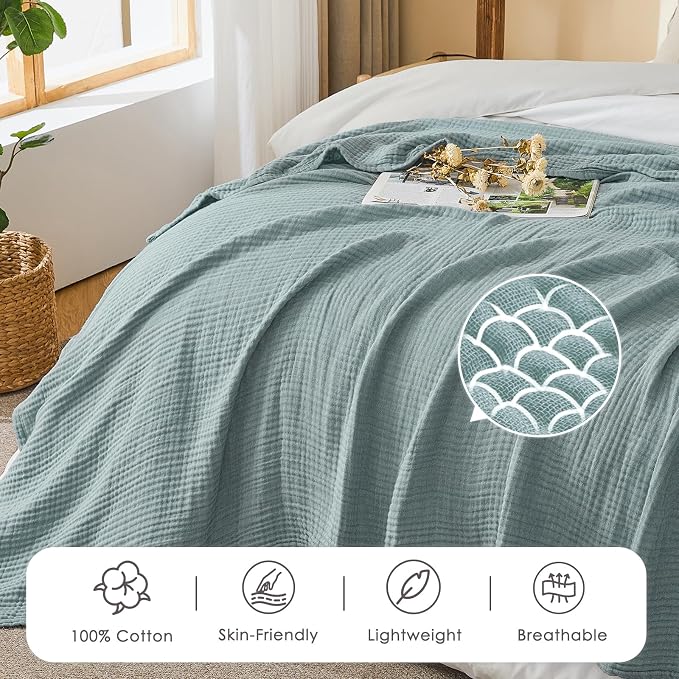 EMME Cotton Muslin King Blanket Bed Layering Bedspread Coverlet Breathable Gauze Blanket Soft Lightweight (Heather Teal, 108"x90")