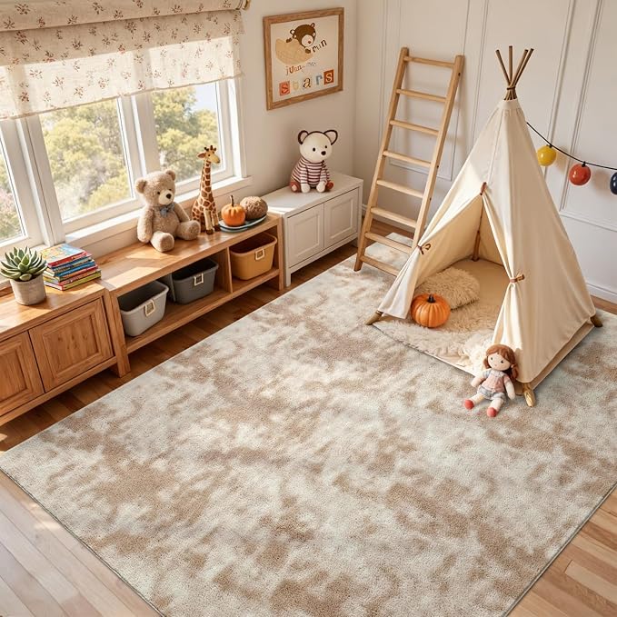 FinRèc 7x10 Washable Area Rugs for Bedroom Living Room, Low Pile Thin Ultra Soft Shag Rug, Non-Slip Carpet Indoor for Home Decor (Tie-dye Light Tan)