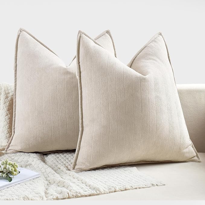MIULEE Pack of 2 Cream Beige Euro Shams Chenille Pillow Covers 22x22 Inch | Decorative Soft Couch Throw Pillows,Farmhouse Cushion Covers,Elegant Design for Sofa,Bed,Living Room,Summer Decor