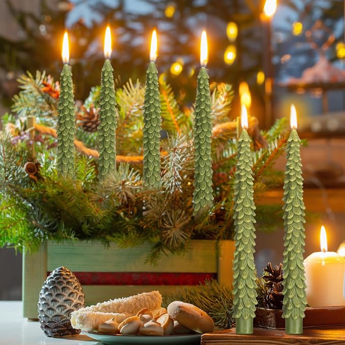 Conelist 6 Pcs Christmas Tree Candles Christmas Tree Shaped Taper Candles Decorative Xmas Wax Scented Candlesticks for Xmas Eve Winter Holiday Home Table Decoration Gift(Dark Green,10 Inch Style)