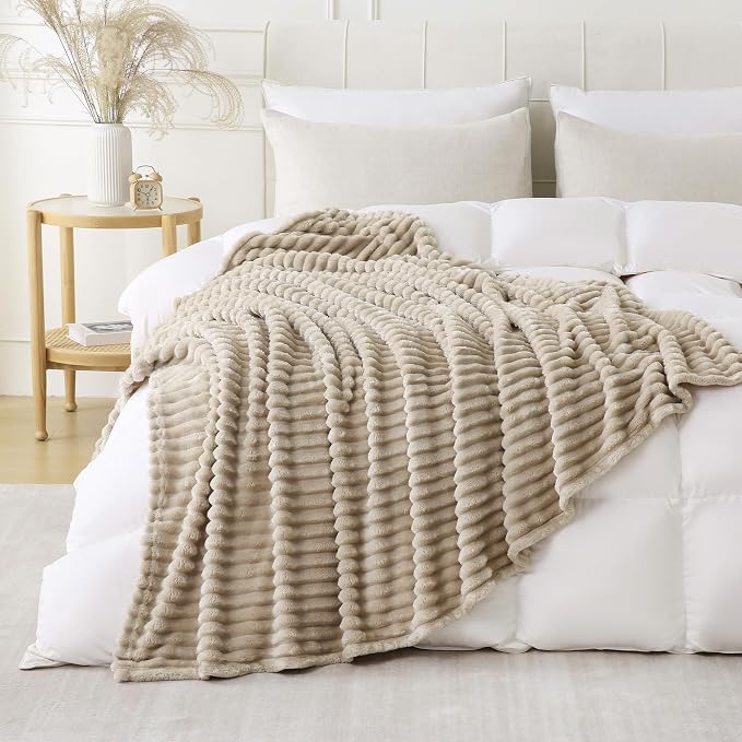 Khaki Throw Blanket for Couch Sofa 108x90 inches Striped Design | Fleece Blankets Room Home Decor Lightweight Plush Soft Cozy Gifts for Women Mom