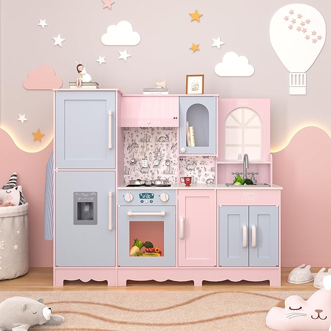 BRINJOY Play Kitchen for Kids, Wooden Kids Kitchen Playset w/Faucet, Sink, Stove, Oven, Window, Cookware, Storage Cabinets, Toddler Role Play Kitchen Pretend Play Toy Set Gift for Girls Boys Ages 3+