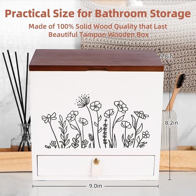 2-Layer Solid Wood Tampon Box Storage Organizer, 100% Wood Bathroom Feminine Accessories Holder with Drawer, Dual-Compartment Holder for Pads, Tampons, & Liners, Gold Floral, Gifts for Women