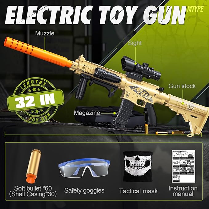 Toy Gun with Soft Bullets Shell Ejecting, Manual Foam Blasters Guns with 60 Bullets, Toy Gun Birthday Gift, Yellow