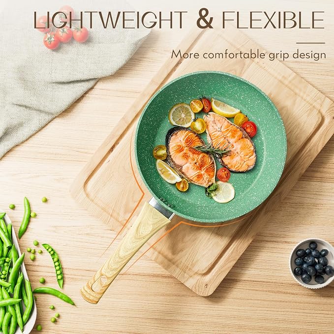 Innerwell Nonstick 9.5 Inch Skillet, Aluminum, Non-Toxic, PTFE & PFOA Free, Suitable for All Stovetops, Easy to Clean, Multipurpose | Even Heating All Stove Compatible, PFOA PFOS Free, Granite Stone Cookware Skillet, Healthy and Non Toxic, Green