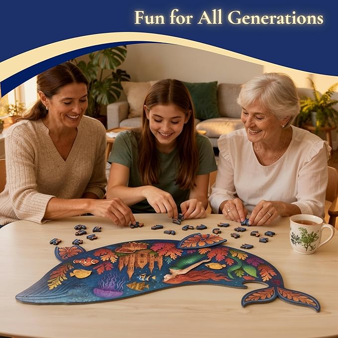 Goldbird Wooden Puzzles for Adults - Eco-Friendly Wood Puzzles 200 Pieces - Premium Gift Box - Whale Jigsaw Puzzles for Family Activity - Whimsical Shape Puzzle Pieces - 16.5 × 10.6 in