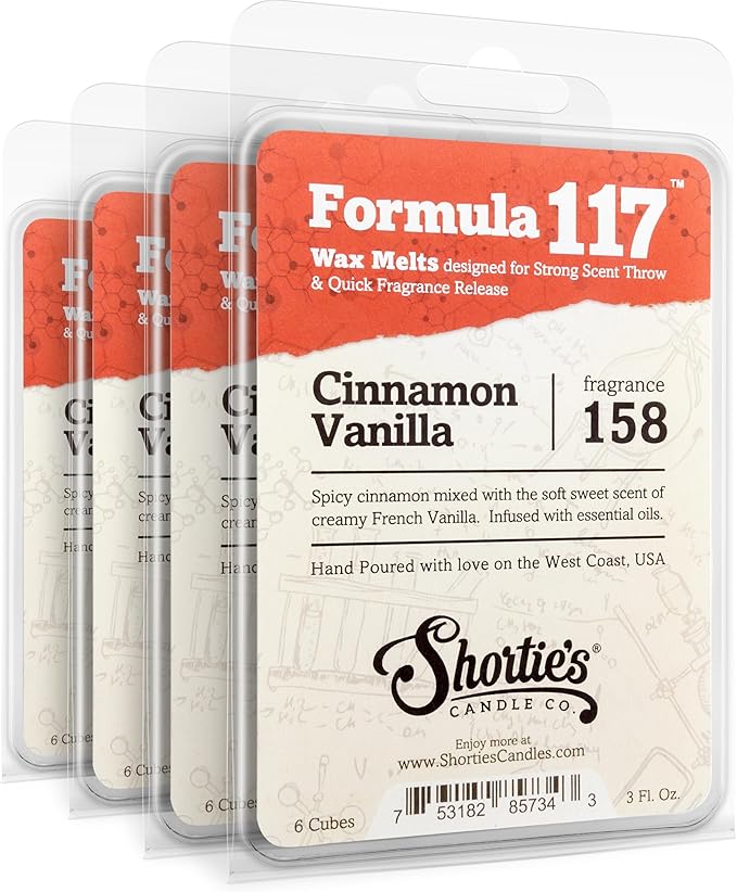 Shortie's Candle Company Cinnamon Vanilla Premium Wax Melts 4 Pack - 12 Oz., Strong & Long Lasting, Non-Toxic - Made with Essential & Natural Oils - Formula 117