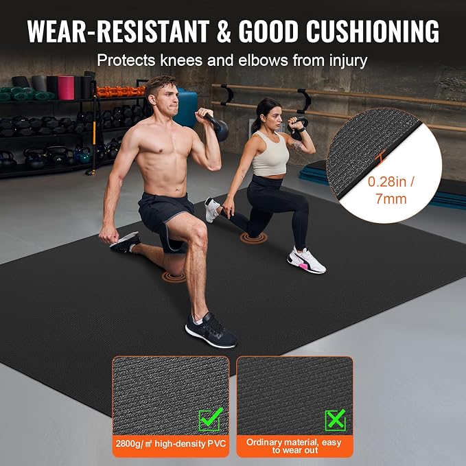 VEVOR Large Exercise Mat, 12'x6'/10'x6'/9'x6'/8'x6'/8'x5'/7'x5'/6'x4' (7mm) Extra Thick, Non Slip High Density Premium Workout Mat, Exercise Yoga Mat for Men & Women, Fitness & Exercise Mat with Bag & Carry Strap, for All Types of Home Yoga, Pilate & F...