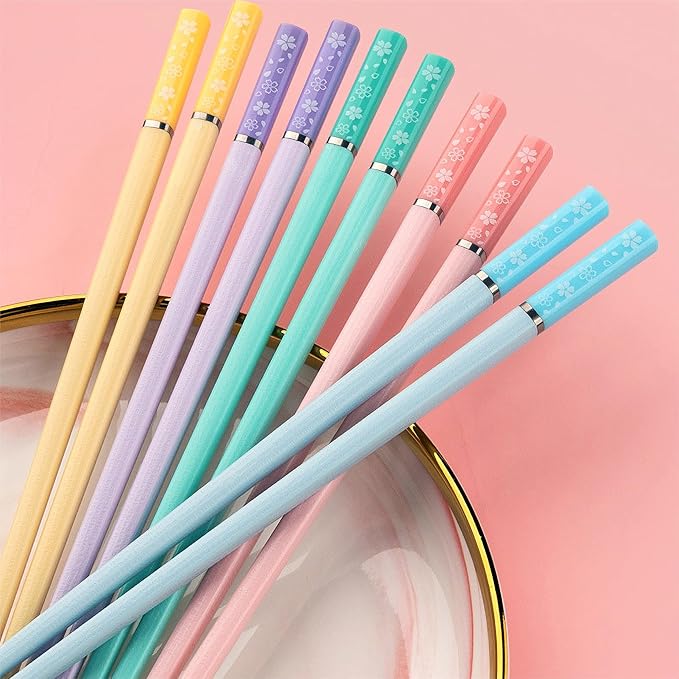 5 Pairs Cherry Blossom Pattern Decoration Fiberglass Chopsticks Multicolor Chopsticks Japanese Korean Chopsticks Reusable Dishwasher Safe Yellow Pink Blue Green Purple Chopsticks