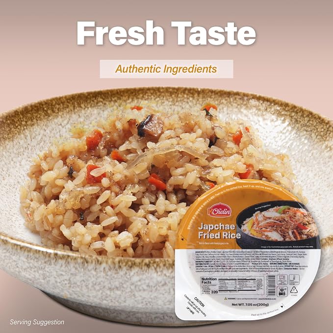 [KCHELIN] Microwaveable Korean Japchae Fried Rice (Pack of 6), Korean Food, Instant, Quick & Delicious, Shelf- Stable, On-the-Go Meals, 7.05 oz per Bowl