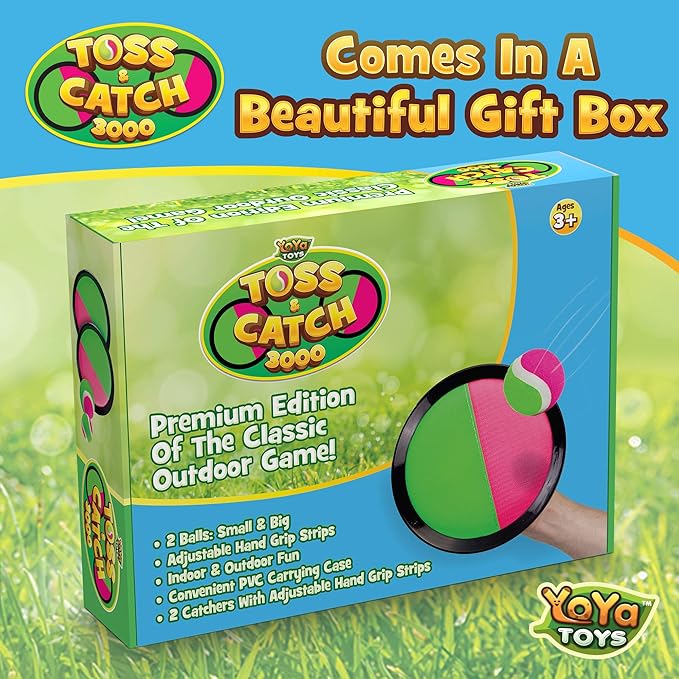 YoYa Toys Toss and Catch Ball Game Upgraded Set - Outdoor Kids Sports Activities - Outside Fun Summer Toy for Beach, Backyard, Park, Yard Lawn, Camping for Ages 4-12, 2 Catch Paddles, 2 Sticky Balls