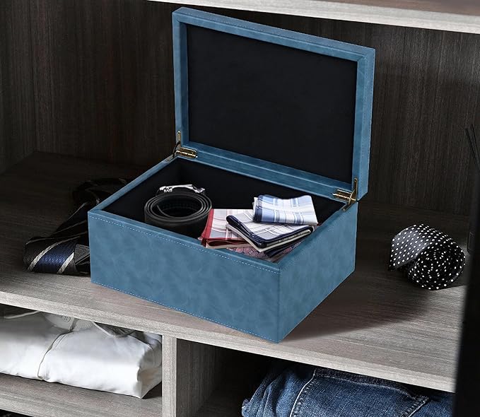 HofferRuffer Faux Leather Decorative Box, Large Wooden Structure Keepsake Box Accessory Organizer Jewelry Organizer with Hinged Lid, Storage Container for Home or Office (Blue)