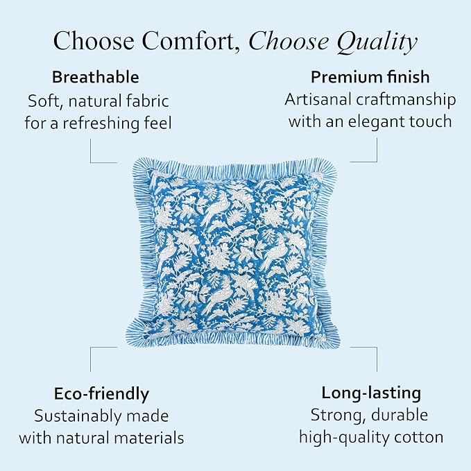 CPC Block Print Ruffle Throw Cover Blue Sapphire 18"x18" Inch Pack of 2-100% Cotton Ruffle Couch Decorative Boho Pillows Case for Living Room, Bedroom, Sofa, Farmhouse Gift for Spring, Mother's Day