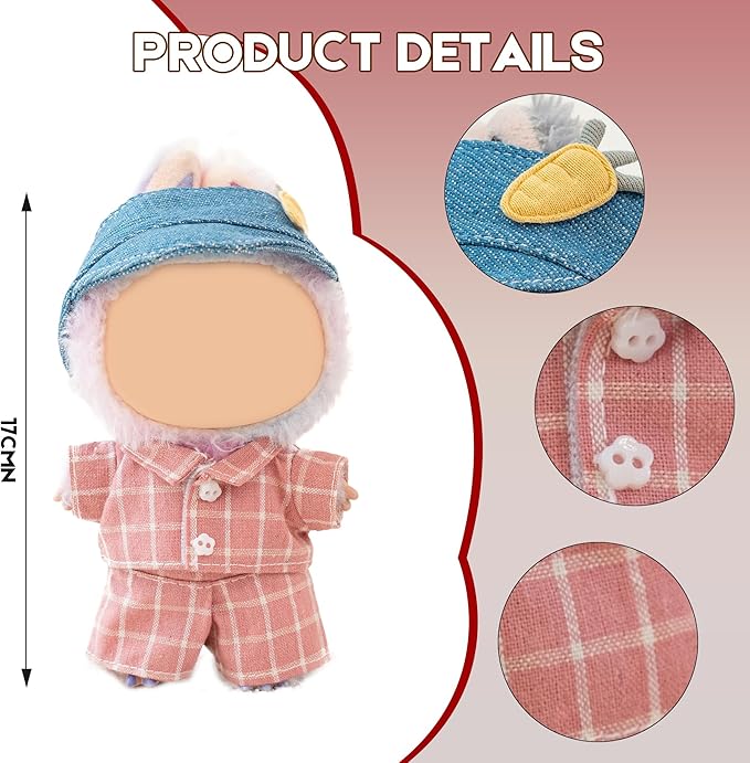Clothes for Labubu Doll,6.7 Inch Doll Clothing Set - 3 Pieces of Handmade Clothes and Accessories for 17cm Plush Toys - Pink Plaid Shirt + Shorts + Carrot Baseball Cap