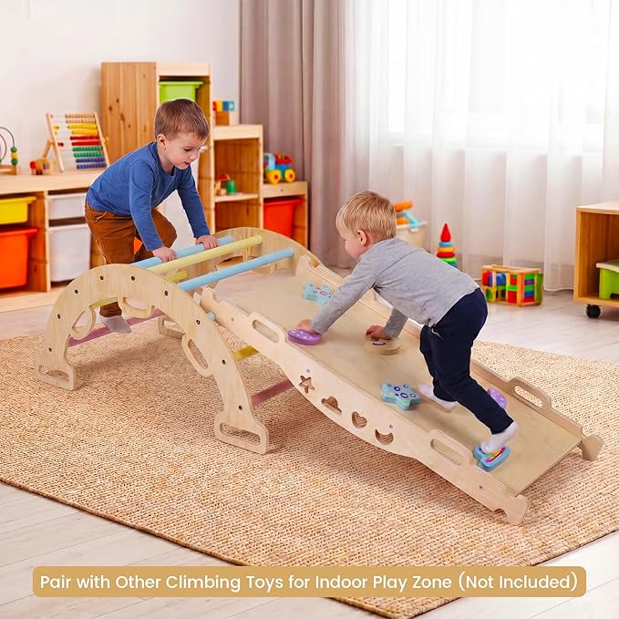 Costzon Wooden Rocking Climbing Arch w/Cushion, 3-in-1 Montessori Kids Climber Rocker for Toddlers, Playground Climbing Ladder Toy, Indoor Gym Learning Playset for Boys Girls Ages 1+ (Macaron)