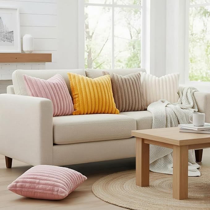 decorUhome Fall Faux Fur Throw Pillow Covers 26x26 Set of 2 Cream White | Decorative Soft Cozy Striped Plush Modern Farmhouse Boho Couch Pillow Cases Velvet Back for Sofa Bed Living Room Home Decor
