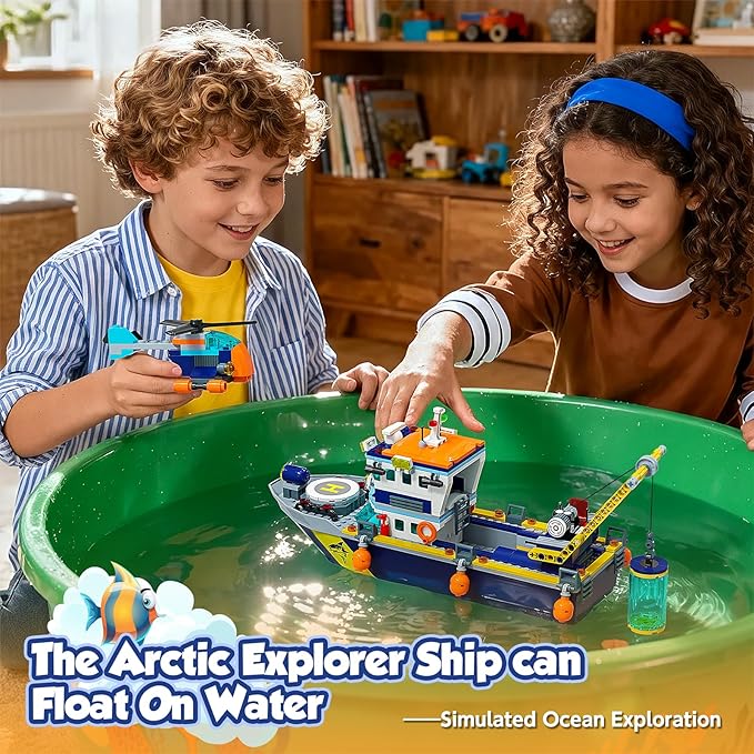 City Floatable Boat Building Set with LED Light, Fun Toy Gift for Kids Boys Girls 6 7 8 9 10+, Compatible with Lego Ocean Arctic Explorer Ship Building Block Kit, Christmas Decoration Party Favor