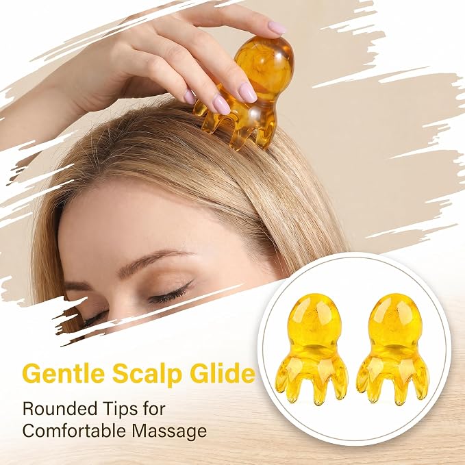 NIIIYTYB 2Pcs Head Massage Tools Scalp Massager Scraper for Deep Relaxation Acupressure Massager Japanese Spa Hair Care Tool for Home Office Travel Amber