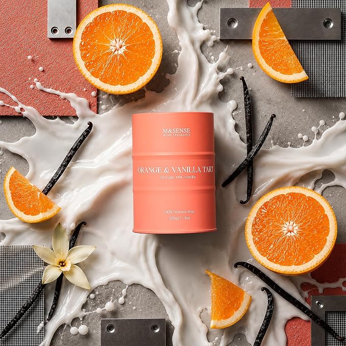 M&SENSE Orange Vanilla Scented Candles,Fall Candles for Home Organic Soy Candle, Clean Non Toxic 11.3oz 70 Hours Long Lasting Burning, Highly Scented Citrus Smelling Candle Cozy Room Decor