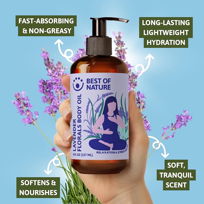 Best of Nature Lavender Florals Aromatherapy Massage & Body Oil - Tranquil, Soothing Blend with Lavender, Sage, Rosewood & Palmarosa, Ideal for Relaxing Massage or Daily Moisturizing (64 Fl Oz)