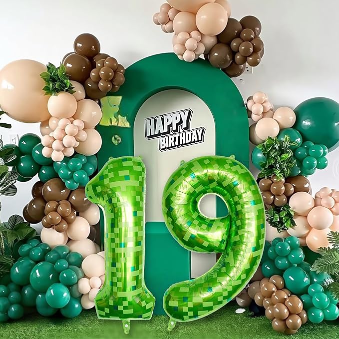 Foil 19 Balloons Number, 40 Inch Dark Kelly Green Pixel Number 19 Balloon for Men 19 Year Old Birthday Decorations, Big Lime Green 19 Balloon for 19th Birthday Video Game Patrick's Day Party Decor