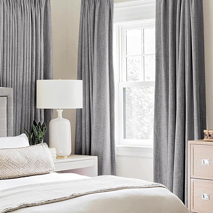 MIULEE Linen Texture Curtains for Bedroom Solid 100% Blackout Thermal Insulated Grey Curtains Grommet Room Darkening Drapes Luxury Decor for Living Room 52x63 Inch (2 Panels)