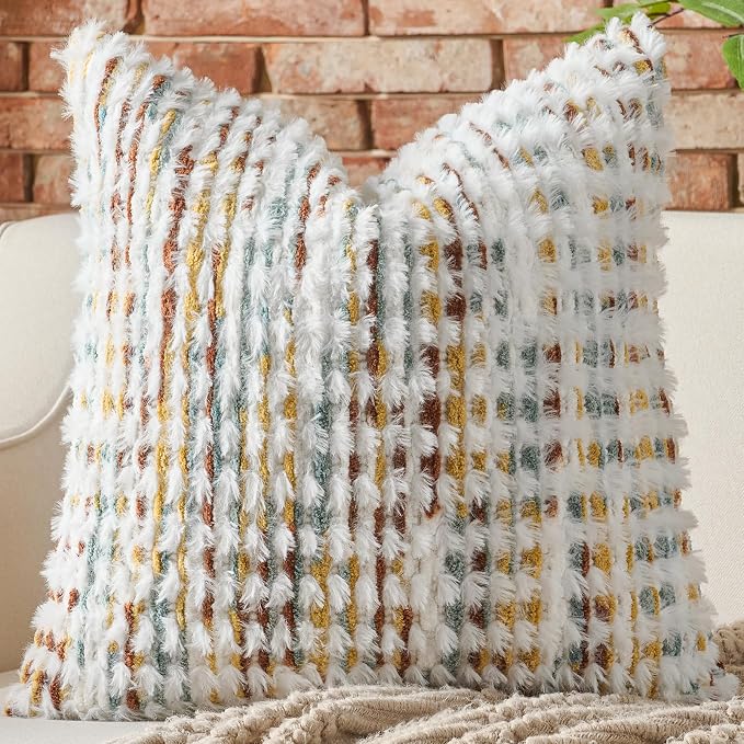 Boho Chenille Pillow Cover Decorative Tufted Pillowcase for Couch Bed Sofa Bedroom Living Room Modern 18 x 18-Inch Brown White