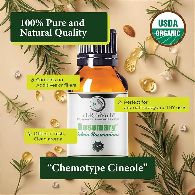Organic Rosemary Essential Oil Chemotype Cineole | 100% Pure Steam Distilled Rosemary Oil | Fresh Herbaceous Aroma for Diffuser Aromatherapy, Massage Blends & DIY Recipes | Spain - 15ml