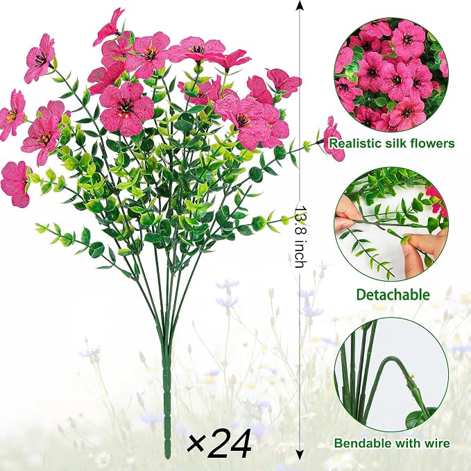 Ouddy Decor 24 Pcs Artificial Flowers for Outdoors Decorations, Rose Red | Lifelike silk flowers, UV resistant, faux plastic plants, for garden porch window table vase home indoor outdoor decor