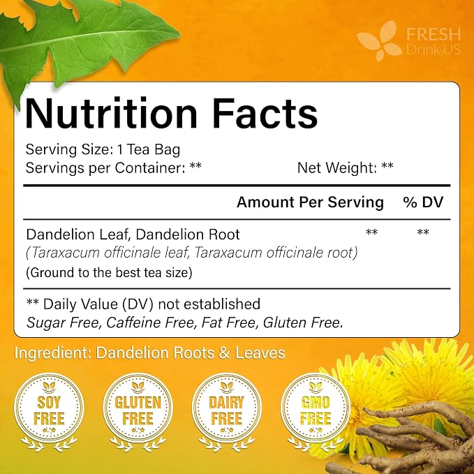 FreshDrinkUS, Premium 75 Dandelion Leaves and Roots Tea Bags, 100% Natural & Pure, Herbal Tea, Daily Infusion Botanical, No Sugar, No Caffeine, No Gluten, Vegan. Powerful Support.