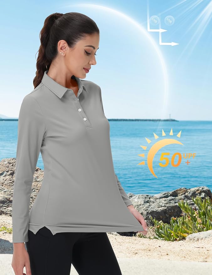 MAGCOMSEN Long Sleeve Polo Shirts for Women Golf Tops with Collar Work | UPF 50+ Sun Protection, 4 Buttons, Moisture Wicking, Breathable, 4-Way Stretch, Collared, Quick Dry, Active, Casual, Tennis