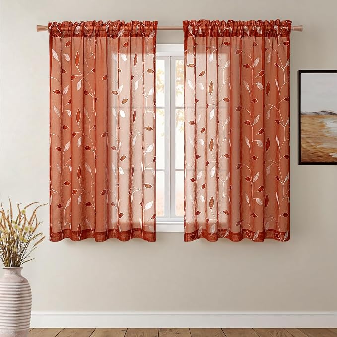 MIULEE Terracotta Sheer Curtains 2 Panels Embroidered Leaf Patterned Burnt Orange Rod Pocket Floral Semi Faux Linen Short Fall Window Drapes Set for Kitchen Living Room Bedroom, 52x45 Inches Length
