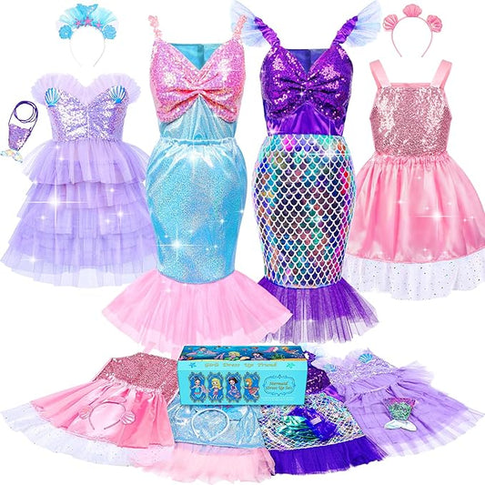Jeowoqao Mermaid Princess Dress Up Costume, Girls Dress Up Pretend Play Clothes Gift 13Pcs Princess Costume for Little Girls Age 3 4 5 6 Years