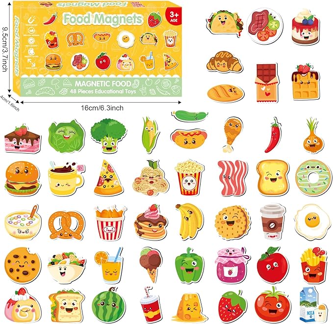 Large Size Cute Fridge Magnets for Toddlers, Preschool Spelling Learning Education Refrigerador Magnetic Toy (Foods 48pcs)