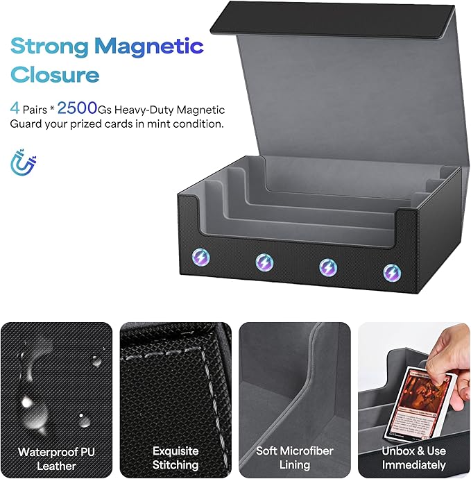 UAONO Trading Card Storage Box, Holds 1800 Sleeved Cards with 10 Dividers & 3 Stoppers, Magnetic Closure PU Leather Card Case for MTG, PTCG, YGO, Sports Cards (Black)