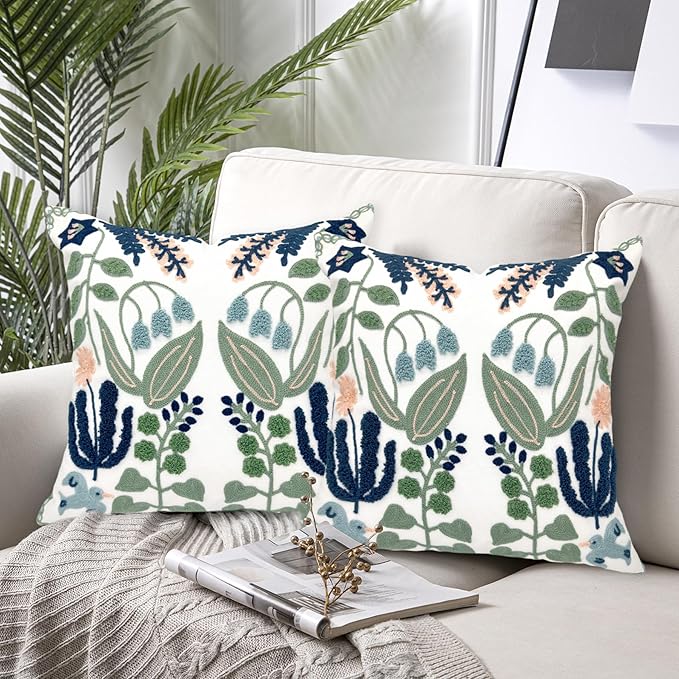 Alysheer Floral Embroidered Spring Decorative Throw Pillow Covers 20"x 20" Set of 2, Farmhouse Cottage Navy Blue Green Flowers Leaves Knit Pattern Cotton Canvas Cushion Case for Couch Bed Living Room