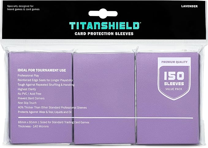 TitanShield Premium Card Sleeves | Compatible with Pokemon, One Piece, Lorcana, Flesh & Blood, & Magic The Gathering MTG | (150 Sleeves - Standard) (1, Lavender, Standard | 66x91mm)