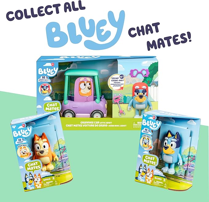 Bluey Grannies Car Coupe Chat Mates Playset, Talking Janet Kids Toy with Removable Blanket, Glasses, Interactive Toys Figures Set, Ages 3+