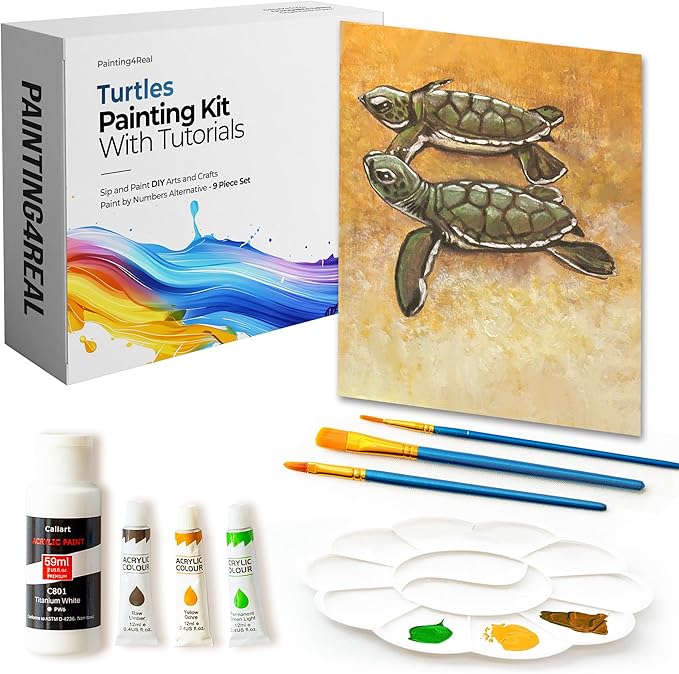Painting4Real DIY Painting Class Kit for Adults with Video Tutorials: Learn to Paint Turtles – How to Paint with Acrylics – Painting & Art Supplies – 9 Piece Acrylic Paint Set