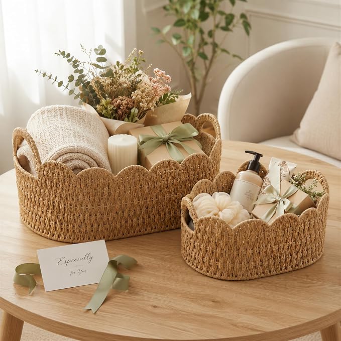 Coeusy Paper Rope Scalloped Basket Set of 2, Wicker Storage Baskets for Shelves,Gifts,Books,Toys,Cute Decor Rattan Baskets for Organizing,Natural Color