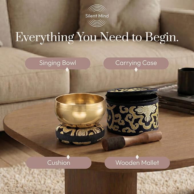 Silent Mind Tibetan Singing Bowl Set – Easy to Play & Beginner Friendly Meditation Bowl with Cushion, Mallet & Case | Stress Relief & Mindfulness | Gift-Ready