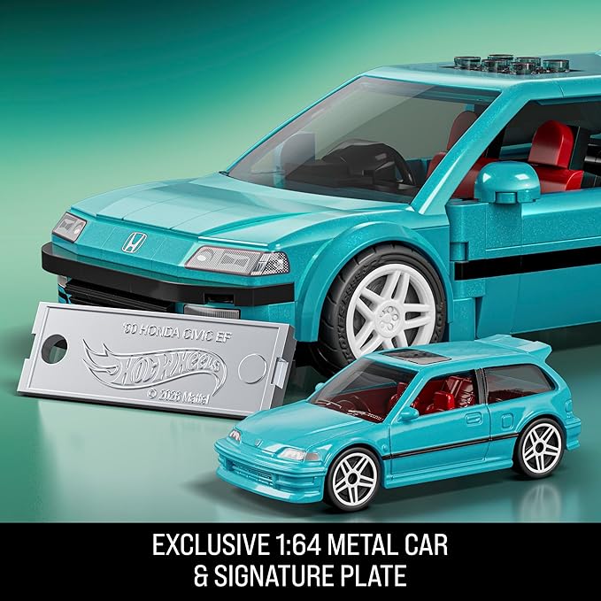 Mattel Brick Shop Hot Wheels 1990 Honda Civic EF Speed Series Custom Building Set with 248 Pieces, Realistic Details and Customization Stickers, JHF62